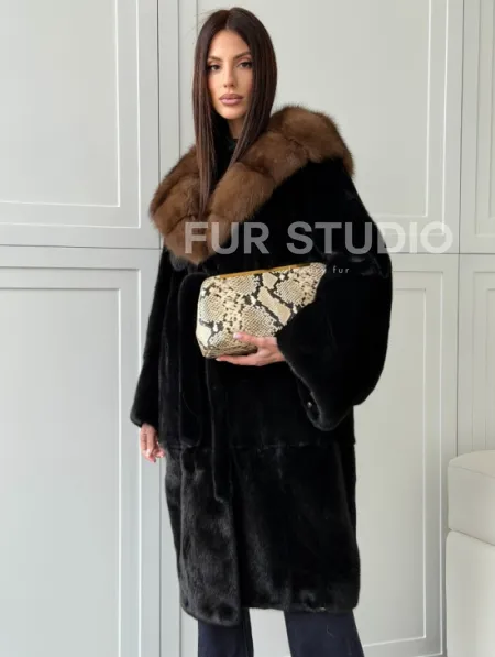Норковая шуба фасон баллон с капюшоном куница - фото 0