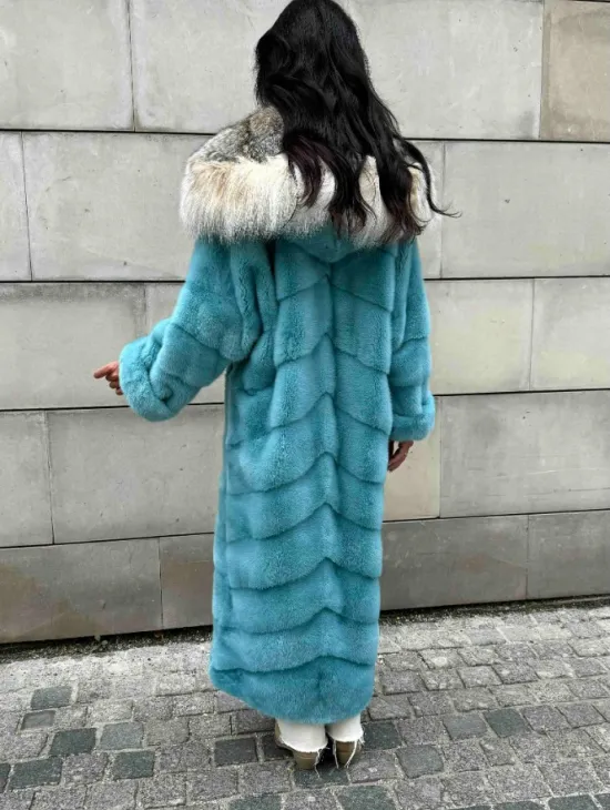 Шуба норковая с капюшоном из меха рыси - цвет Тиффани - фото 10
