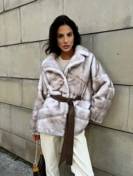 Укороченная шуба из меха норки модель кимоно - цвет колотый лед - фото 11