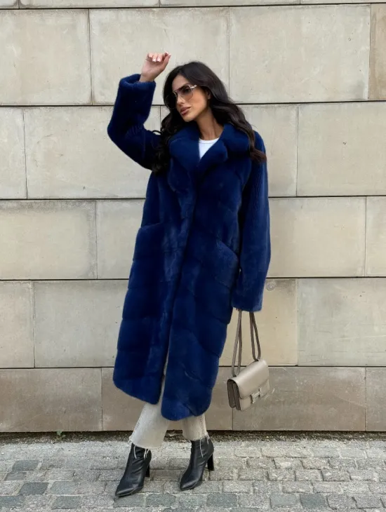 Синяя шуба из аукционного меха норки - английский воротник - фото 9
