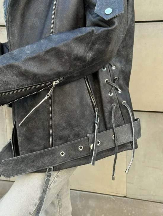 Куртка-косуха винтажная из натуральной кожи со шнуровкой - фото 2