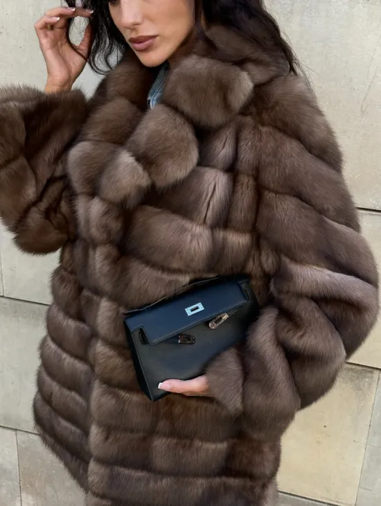 Меховое манто из баргузинского соболя с диагональной раскладкой, SILVER 1-2 - фото 1