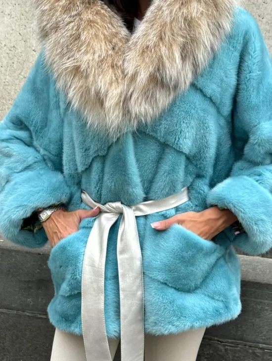 Шуба автоледи из норки с капюшоном из меха рыси - цвет Tiffany - фото 2