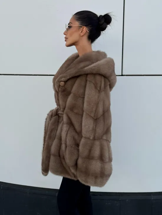 Норковая шуба автоледи с капюшоном кобра, цвет Тортор - фото 6