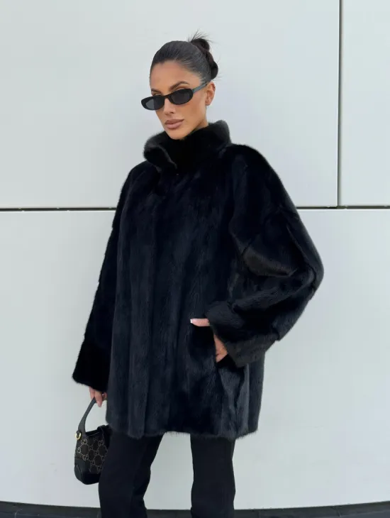 Норковая шуба полупальто из меха норки стойка воротник - фото 0