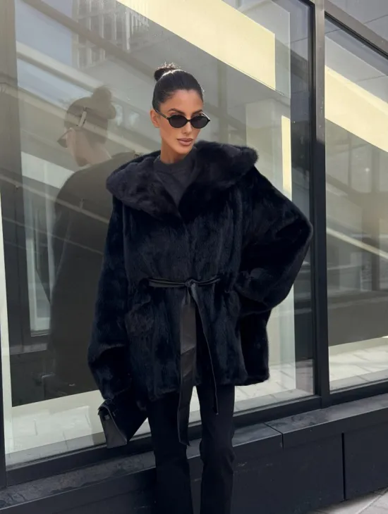 Шуба норковая натуральная с капюшоном кобра - накладные карманы - фото 11