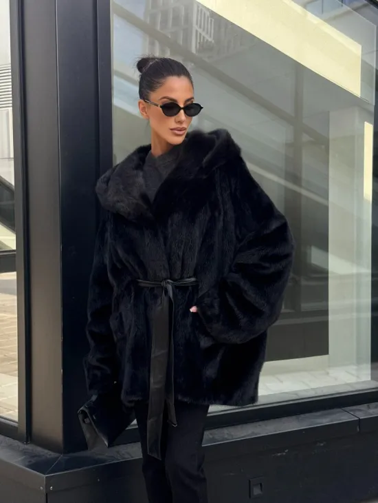 Шуба норковая натуральная с капюшоном кобра - накладные карманы - фото 6