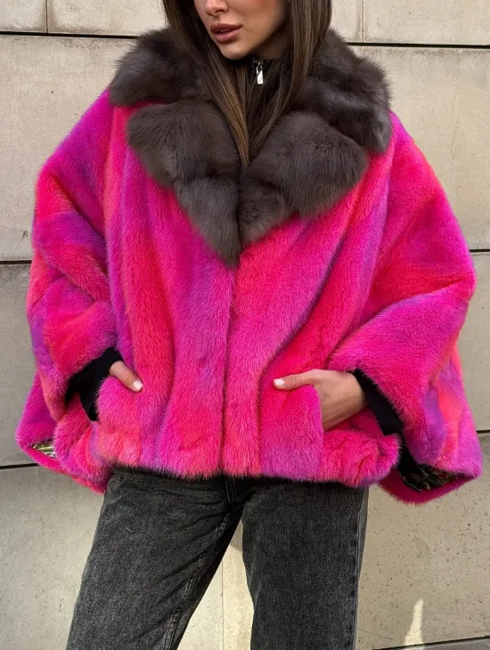 Полушубок - летучка из меха норки в цвете фуксия 