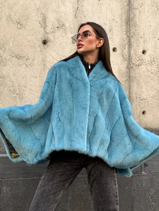 Норковая шуба летучка с V-образным воротником, цвет - тиффани - фото 6