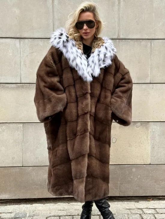 Норковая шуба с капюшоном из лисы под рысь - стиль 