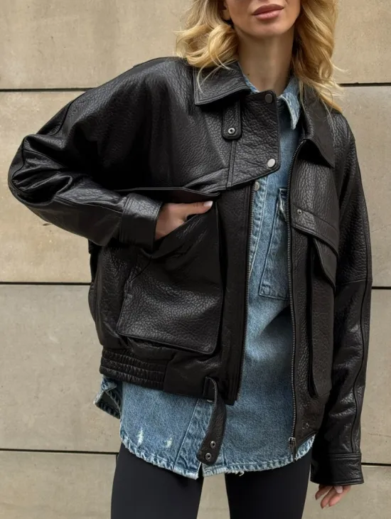 Трендовая куртка - бомбер oversize из натуральной кожи Joomba - фото 2