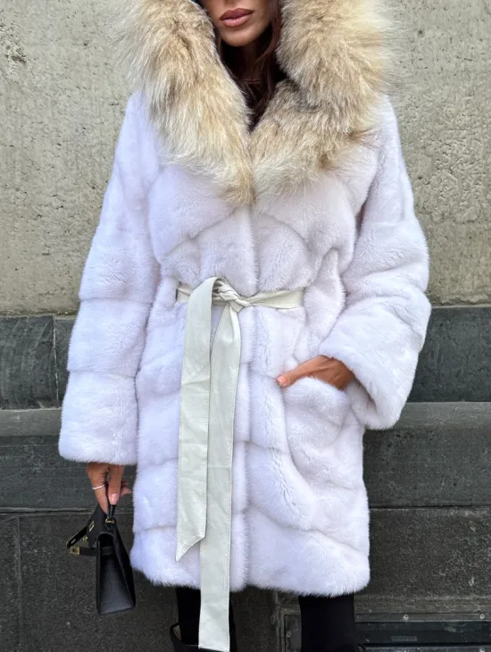 Белая норковая шуба средней длины с капюшоном из рыси - фото 2