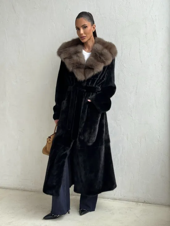 Черная норковая шуба с поясом - капюшон куница - фото 9
