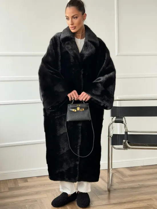 Черное меховое норковое пальто в стиле 