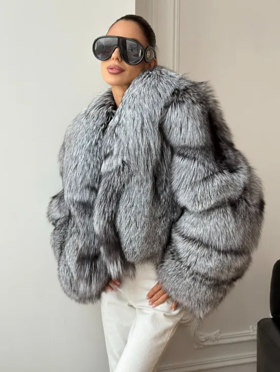 Кроп-полушубок с шалевым воротником из чернобурки - фото 7