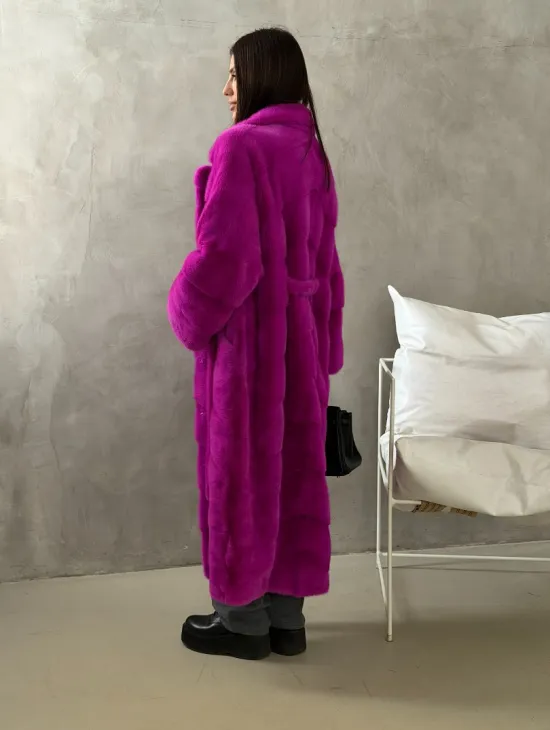 Длинная норковая шуба - цвет фуксия - фото 10