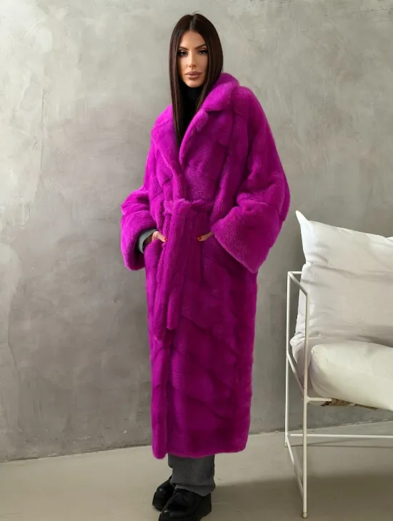 Длинная норковая шуба - цвет фуксия - фото 8