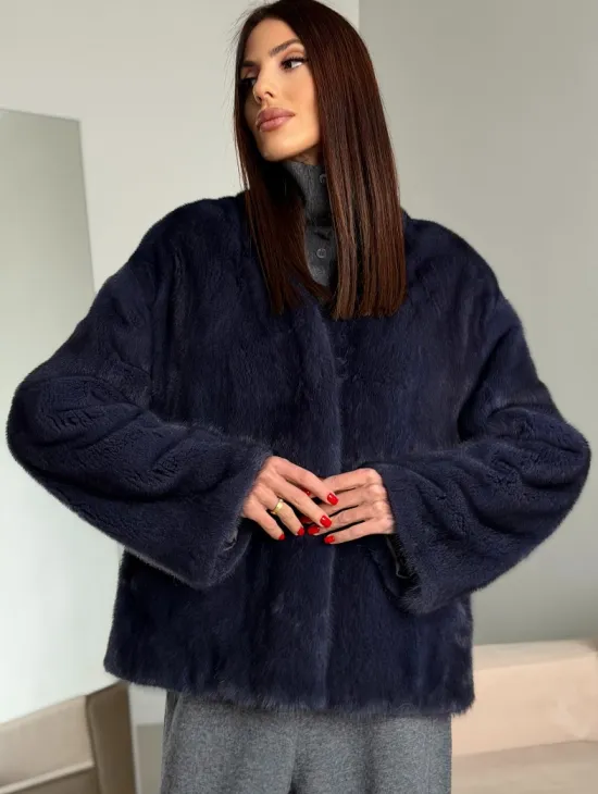 Короткий норковый жакет - синий графит - фото 6