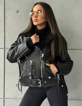 Черная короткая дубленка авиатор - фото 8