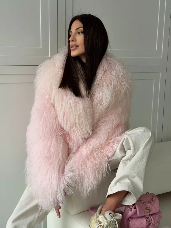 Шуба из меха ламы - цвет розовый - фото 10