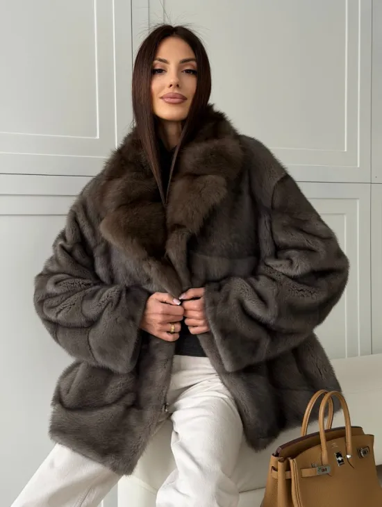 Шуба норковая автоледи - воротник куница (серый) - фото 6