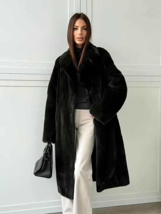 Темная норковая шуба в росшив - английский воротник 