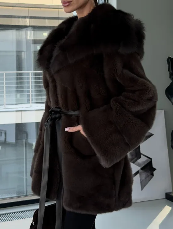 Норковая шуба кимоно с капюшоном куница - фото 2