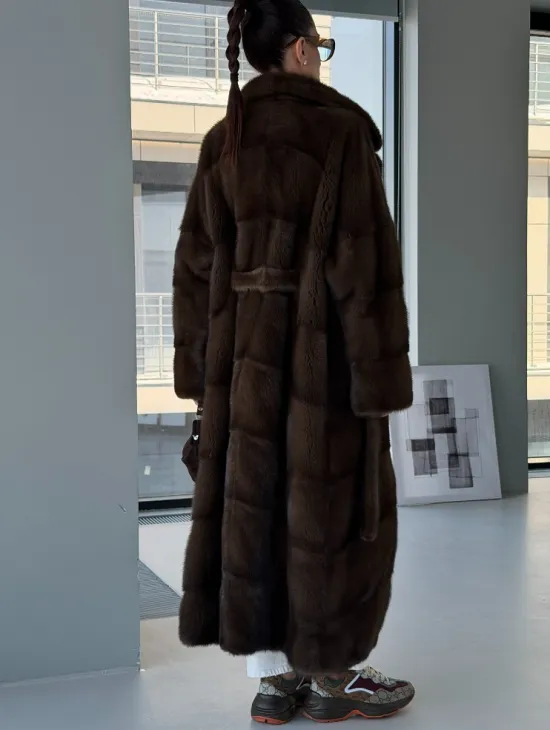 Коричневая норковая шуба - кимоно - фото 5