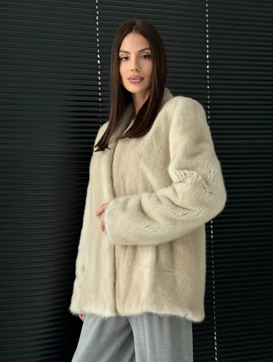 Светлый норковый жакет V-образный воротник - фото 0