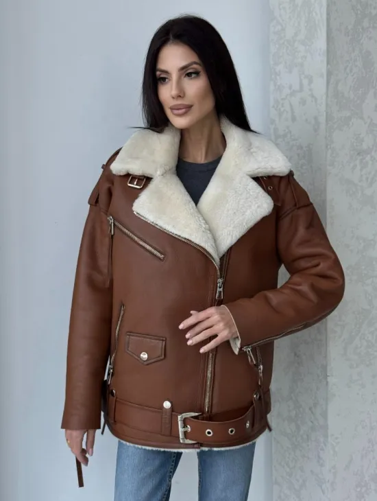 Дубленка авиатор из натуральной кожи в цвете виски - фото 8
