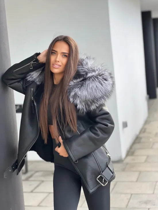 Дубленка - косуха с капюшоном из меха чернобурой лисы - фото 5