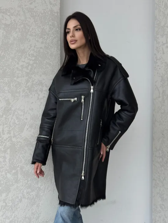 Удлиненная дубленка - авиатор из натуральной овчины с мехом тосканы - фото 6