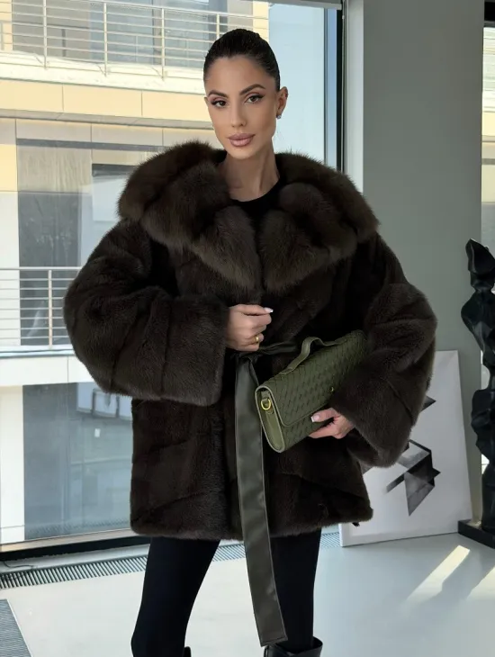 Норковое пончо шуба с капюшоном из меха куницы dark olive - фото 12