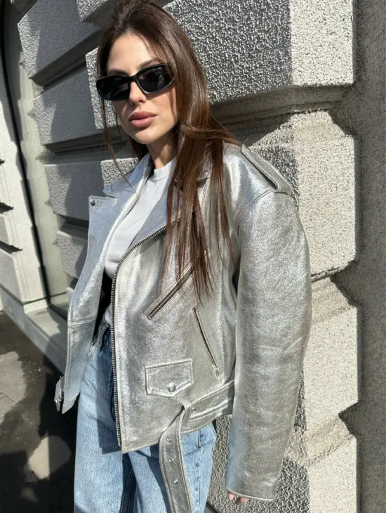 Куртка - косуха из натуральной кожи цвет серебристый - фото 2