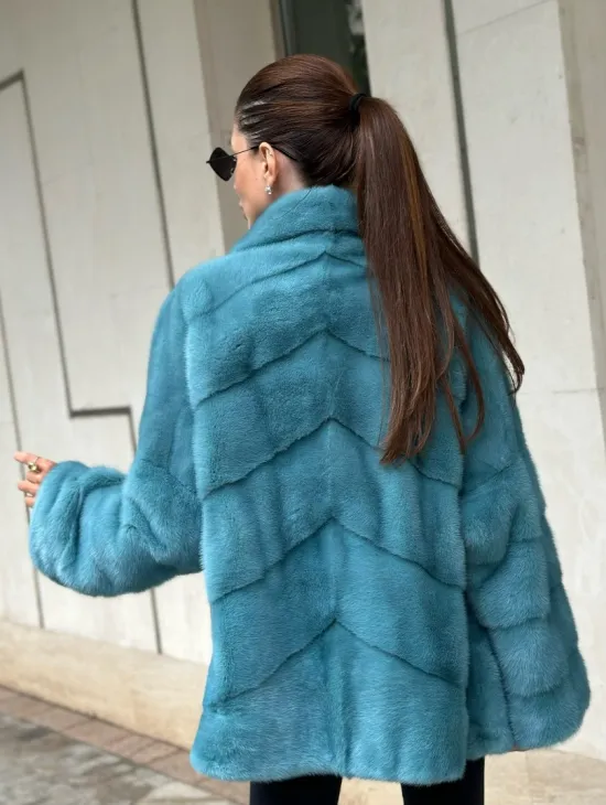 Шуба из норки с английским воротником - цвет тиффани - фото 3