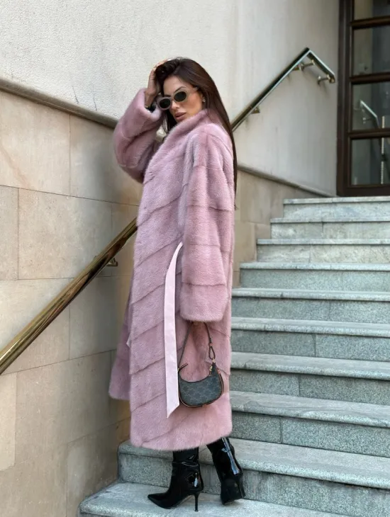 Элегантная шуба воротник отворот - цвет розовый жемчуг - фото 5