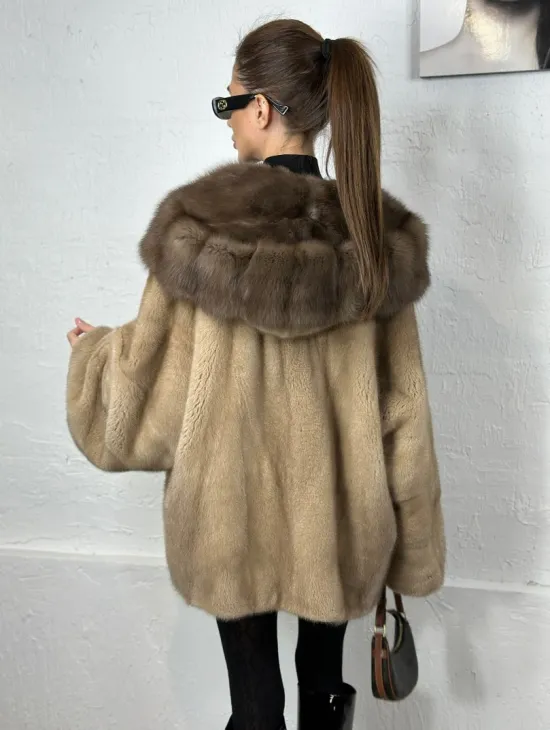 Норка автоледи с капюшоном куница - цвет пастель - фото 6