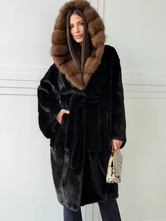 Норковая шуба фасон баллон с капюшоном куница - фото 10