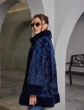 Шуба из каракульчи стойка воротник - цвет синий - фото 2