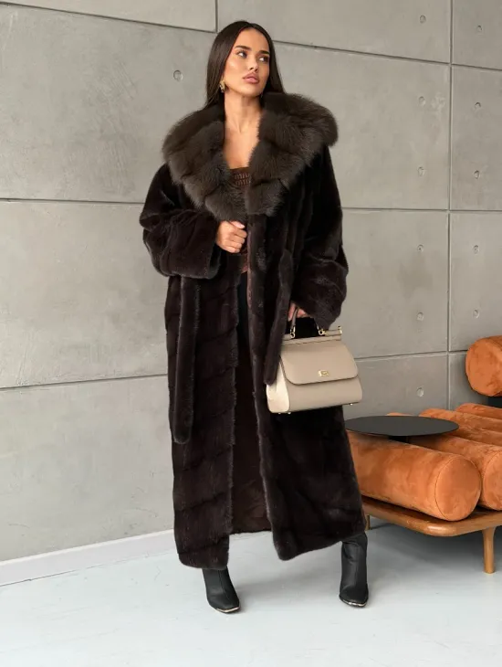 Шуба норковая с капюшоном из меха куницы - цвет уголь - фото 7