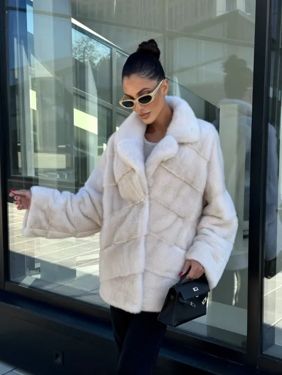 Короткая норковая шуба с английским воротником - цвет ваниль - фото 10