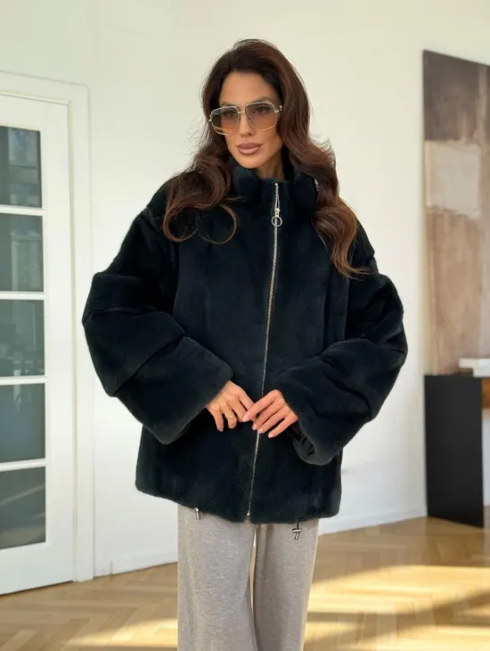 Бомбер из плюшевой норки NAFA - цвет темный изумруд - фото 8