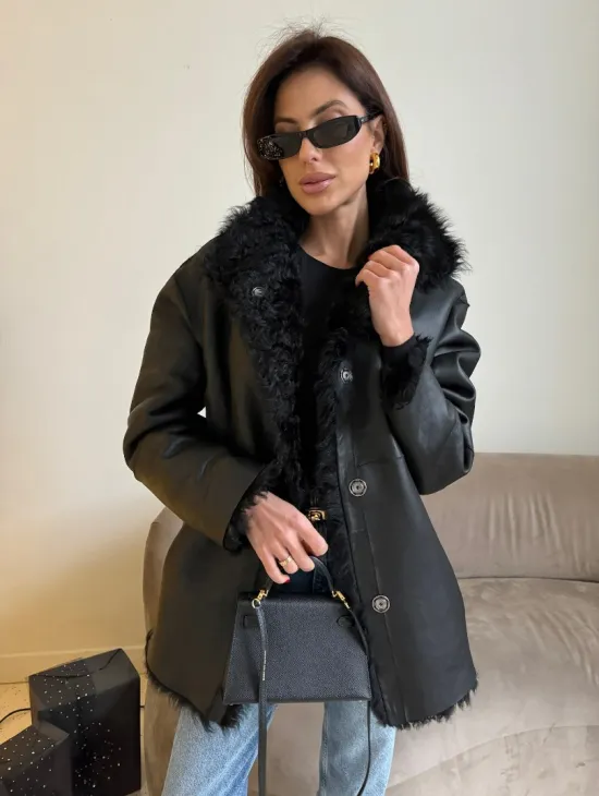 Двусторонняя дублёнка, мех тиградо - цвет черный - фото 5