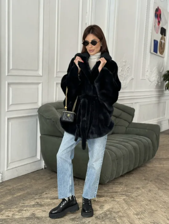 Шуба летучая мышь английский воротник, роспуск мех норка - цвет черный изумруд - фото 8